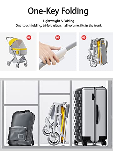 Lightweight Pet Stroller For Dogs Cats, Foldable Stroller With Storage Basket, Aviation Aluminum Frame, 360° Front Wheel Rear Wheel Spring Damping With Brake, Portable Quiet For Travel, Yellow #TOP3