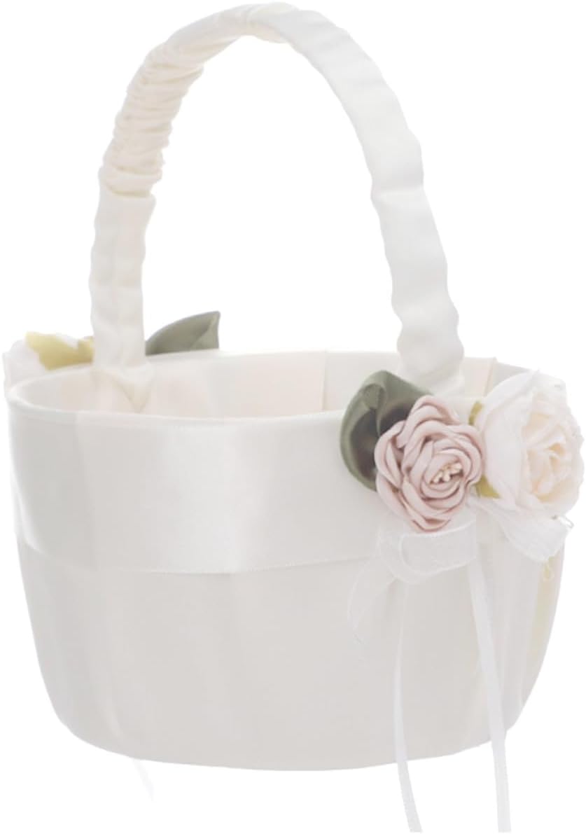 Wedding Flower Girl Basket Set with Satin Bowknot and Lace, Blue Ring Pillow and Handheld Flower Basket for Wedding Party Ceremony Supplies
