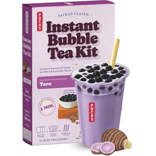 Pocas Bubble Tea Kit, Taro – Milk Tea Powder with Tapioca Pearls, Boba Straws, 3 Kits