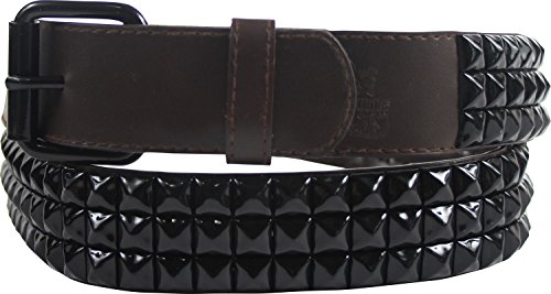 Brown 3 row pyramid studded leather belt W/ black studs, Size: Extra-Large (36-40), Color: Brown 3 Row