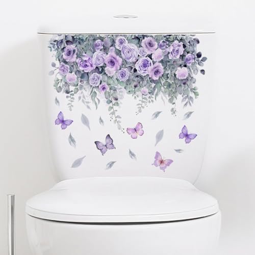 2 Blätter Lila Blume Aufkleber Pflanze Rose Schmetterling Deckel Abziehbilder Selbstklebend Badezimmer Wanddekoration Deckel Abziehbilder WC Zubehör