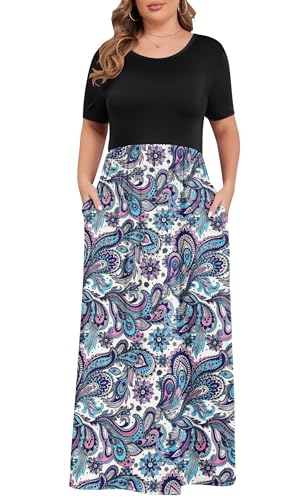 Image of KARALIN Women Plus Size Maxi Dress Short Sleeve Round Neck Loose Fit A-Line | Plus Size Long Dress,Summer Casual Maxi Dresses,Short Sleeve,Side Pockets,Round Neck,Elastic Waist,14 Plus - 26 Plus