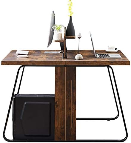 CEMKAR Square Double Desk, Office Double Computer Desk, Industrial Large Antique Brown Metal and Wood Heavy Duty Workstation Computer Desk with Face-to-Face Divider, 47 x 47 in.