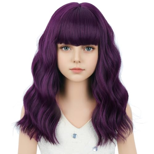 Image of Purple Wig Short Purple Wavy Curly Wigs Wig with Air Bangs Synthetic Cosplay Hair Wigs