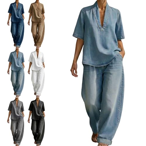 WUBIGOM Women's Minimalist Cozy Short-sleeved Top Wide-leg Jeans Denim Set