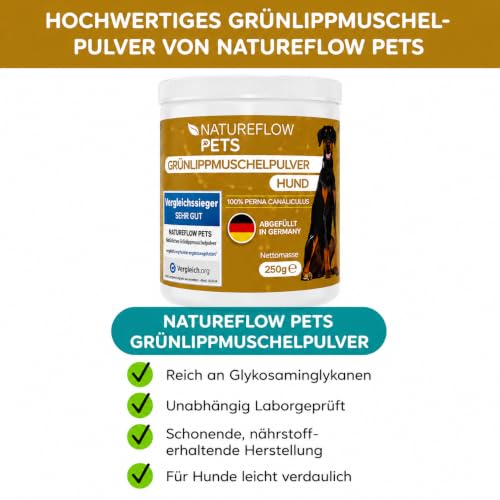 Grünlippmuschel Hund TESTSIEGER - 250g natürliches Grünlippmuschelpulver für Hunde - Unterstützung der Gelenkfunktion - Grünlippmuschel für Hunde mit Hoher Akzeptanz - Grünlippmuschelpulver Hund