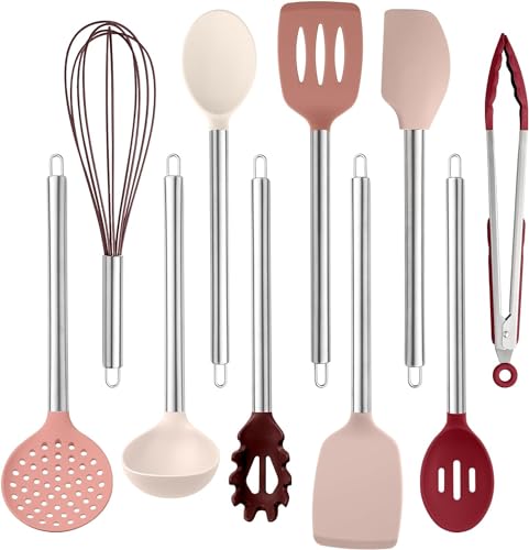 COOK WITH COLOR Silicone Cooking Utensils, Kitchen Utensil Set, Easy to Clean Silicone Kitchen Utensils, Cooking Utensils for Nonstick Cookware, Kitchen Gadgets Set, 10 Pieces, Rose