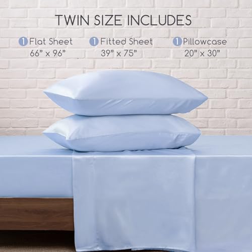 Image of MR&HM Satin Bed Sheets, Twin Size Sheets Set, 3 Pcs Silky Bedding Set with 15 Inches Deep Pocket for Mattress (Twin, Light Blue)