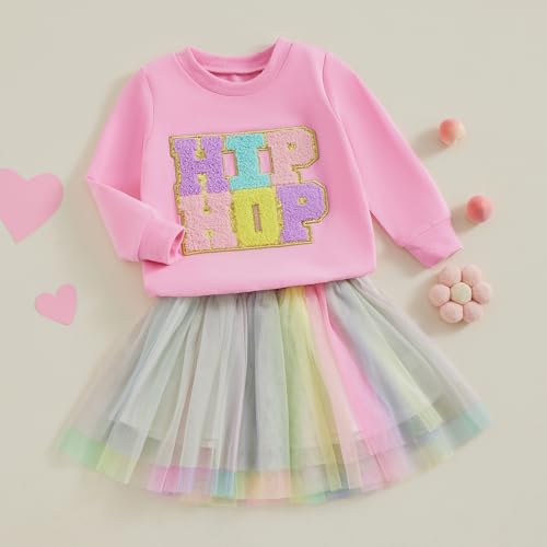 Image of Toddler Girl Easter Outfit Cute Bunny Letter Embroidery Sweatshirt Party Tutu Tulle Skirt Kids Spring Clothes