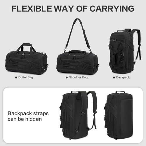 45L Tactical Sports Duffle Bag for Men Military Gym Bag Medium Travel Duffel Holdall Backpack with Shoe Compartment & Wet Pocket 3-in-1 Weekend Bags for Training, Camping, Hiking, Black - Image 5
