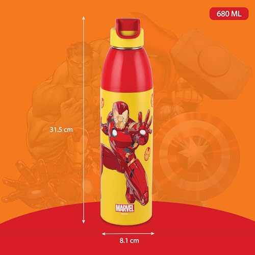 Image of CELLO Kidzbee Uranus 900 Insulated Kids Water Bottle 680 ml, Yellow | 3D Touch & Feel Iron Man Design Easy One Hand Grip Lightweight Leakproof Easy Sip Flip Cap Insulated Water Bottle For School Kids