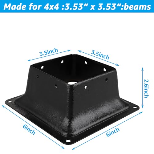 CYEAH 4x4 Post Base Set of 4, Black Square Brackets, Heavy Duty Powder-Coated Steel Post Bracket, Wood Fence Post Anchor Base for Pavilion Support Deck Base Plate Pergola Mailbox Mount Kit - Thumbnail 2