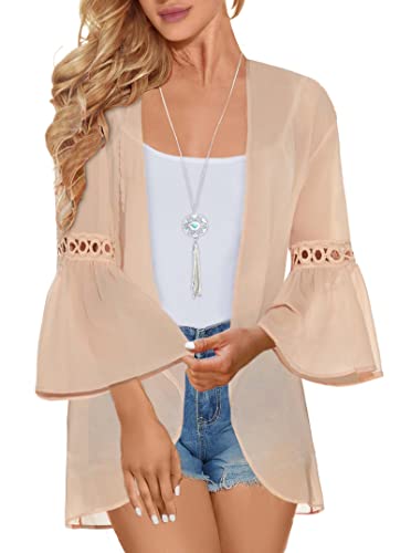 Kimonos For Women Cardigan Lace Floral Ruffle Sleeve Beach Cover Up Casual Tops(01 Lace Orange,M) #TOP10