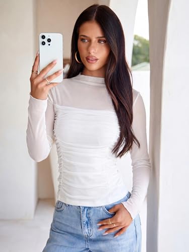 Glamaker Women's Lace Mesh Sexy Tops Long Sleeve Mock Neck Sheer Y2K Date Night Going Out Shirts Floral Ruched Blouses,White M — view 6