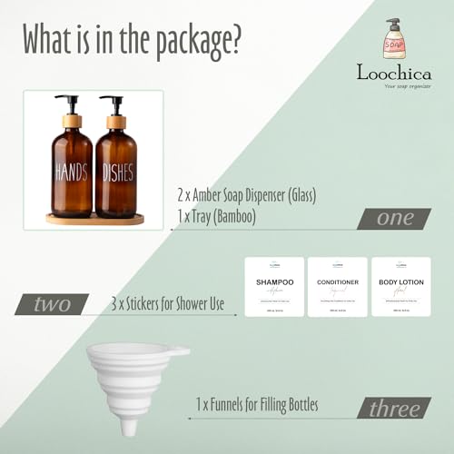 Image of LOOCHICA Amber Glass Soap Dispenser Set with Tray, Amber Dish and Hand Soap Dispenser Set, Refillable Reusable Apothecary Soap Pump Dispenser Bottles for Bathroom and Kitchen