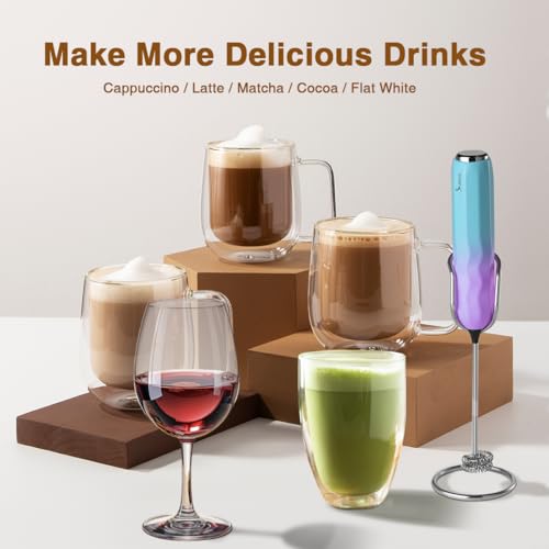 Image of SUPRUS Ultra Fast Handheld Milk Frother Double Whisk with Stand 2 Batteries Stainless Steel for Lattes Cappuccino Matcha Hot Chocolate Coffee Bar Accessories Kitchen Gadgets Gift