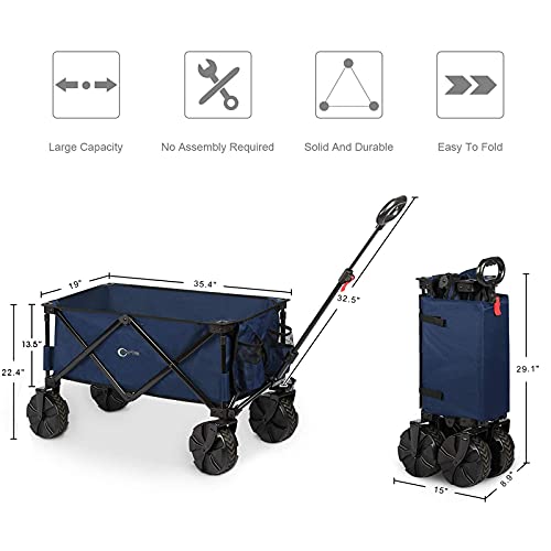 Portal Folding Collapsible Beach Wagon Utility Outdoor Camping Beach Cart With 8" Wheels & Adjustable Handle, Large Capacity Foldable Grocery Wagon For Garden Beach Wagon, Blue #TOP5