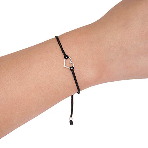 Black Womens Friendship Bracelet, Small Sterling Silver 925 Open Heart Shaped Charm, Pull Adjustable Kindred Cord Thread, Handmade By Claudia Lira. Perfect Small Gift (10% Promo) #TOP3