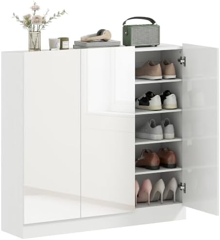 HOMCOM Schuhschrank Verstellbare Ablagen Hochglanztüren 106,4x34x108,5cm | Schuhregal, Belüftungslöchern, Schuhaufbewahrung mit Soft-Close-Funktion, Schuhkommode, für 25–30 Paar We