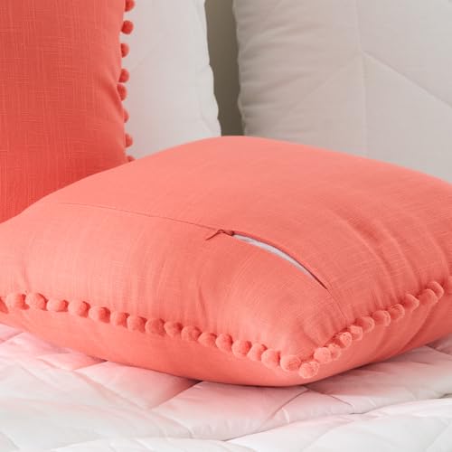 Image of 100% Cotton Pom Pom Cushion Without Filler, Elegant & Modern Cushion Cover for Living Room, Square Shape, 16 inchx16 inch, uni slub, Set of 3 - Coral