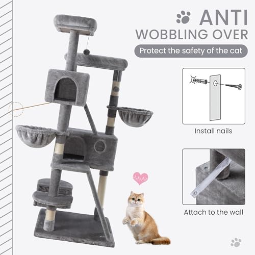Image of SHA CERLIN 65in Larger Cat Tree Tower Condo for Indoor Kitties /Multi-Level Furniture Activity Center with Wide Base /Cozy Plush Cat Perches /Baskets /Sisal Scratching Posts and Hammock /Grey