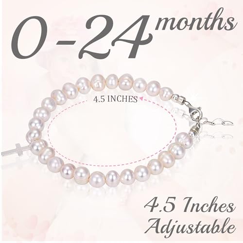 Beaded Bracelets for Girls, Sterling Silver Cross Charm Bracelet White Cultured Freshwater Pearl, Baby Girl Keepsake, Christening, Baptism Gifts for Girl2