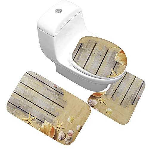 Badvorleger Set,Badematten Teppich-Set 3-Teiliges Strand Shell Board 3D-Druck Rutschfeste Badematten Weiche Mikrofaser…