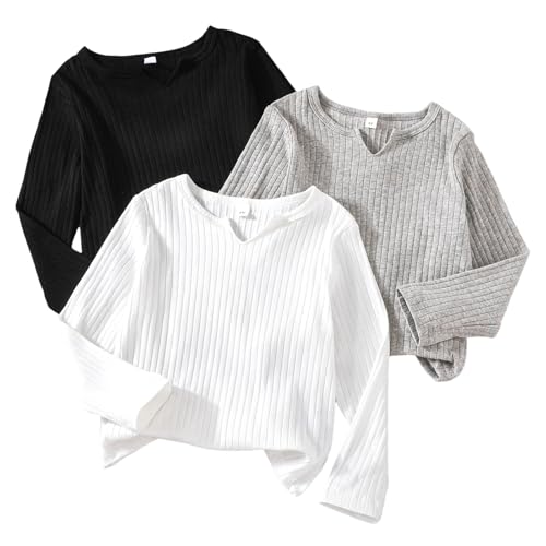 3 Pack Kids Long Sleeve Tees Girls' Soft T-Shirts Ribbed Basic Crewneck T-Shirts Top for Girls Boys