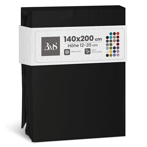 Bettwaesche-mit-Stil Mako Satin Spannbettlaken Spannlaken Spannbetttuch (140 cm x 200 cm, Matratzenhöhe 12-20 cm, Schwarz)