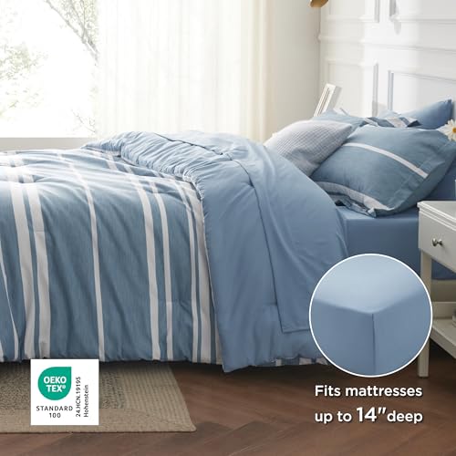 Image of Bedsure Twin Comforter Set 5 Pieces, Grey Blue Striped Bedding Set for All Seasons, Reversible, Cationic Dyeing Bed in a Bag with Comforter, Sheets, Pillowcase & Sham