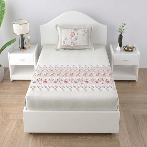 Image of Mafatlal 186 TC Spring Glory Graceful Pure Cotton Single Flatsheet (60 x 90 Inch) | Breathable Summer Comfort | Wrinkle-Free Floral Bedsheet with 1 Pillow Cover, Floral Red