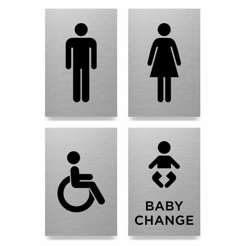 Toilet Door Sign 4 Pack Slimline Aluminium 100 x 150mm Ladies Gents Baby Changing & Accessible Symbols Self-Adhesive Washroom Sign Set