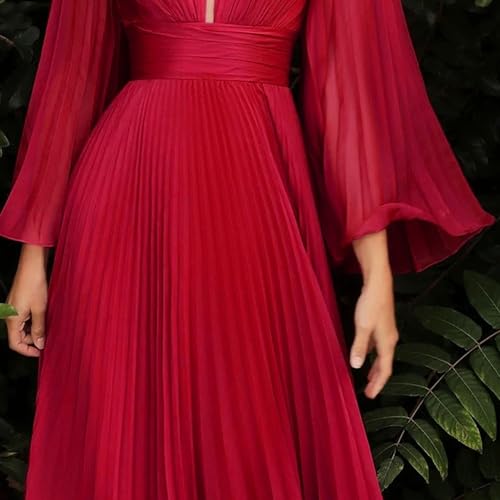 Robe à taille élastique confortable col V profond rouge - 3
