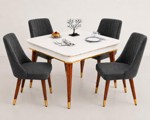 Image of WOODEN SPACE 4 Seater Wooden Dining Table Set | Urban Marble Top Dining Table with Chairs for Dining Room & Kitchen (Modern Frontline Dark Grey) (42 x 42 x 30 inch)