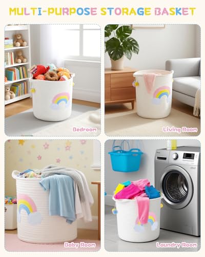 Zaxiva Aufbewahrungskorb Kinder mit Griffen, Wäschekorb Gewebter Baumwollseilkorb mit Stickerei Buntes Regenbogen-Dekor, Aufbewahrung für Organisieren von Kleidung, Badezimmer, Spielzeug(30x30cm)