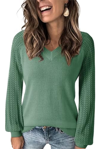 Dokotoo Green Sweaters for Women 2025 V Neck Long Puff Sleeve Solid Color Hollow Out Fashion Casual Loose Plain Pointelle Knit Pullover Sweater Jumper Outerwear Large