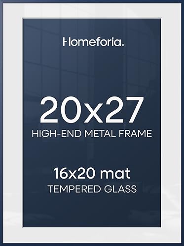 Image of Homeforia 20x27 Picture Frame Navy Blue, High End Metal 20x27 Poster Frames with Mat 16x24 Photo, 20 x 27 Navy Blue Frame Matted to 16 by 24 Print, 27x20 Thin Frame, Tempered Glass, Wall Kit, Set of 2