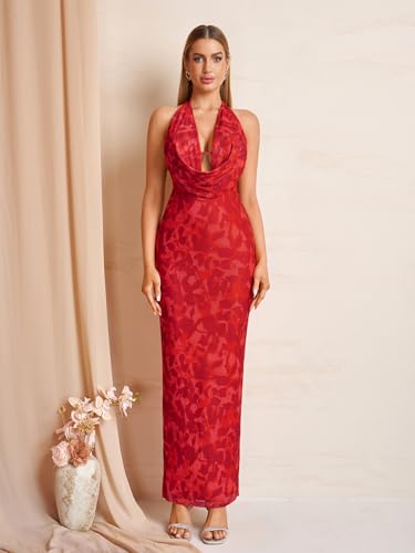 Image of KUTUMAI Women V Neck Long Formal Dress Floral Bodycon Maxi Split Back Dresses Sexy Sequin Evening Cocktail Party Gown