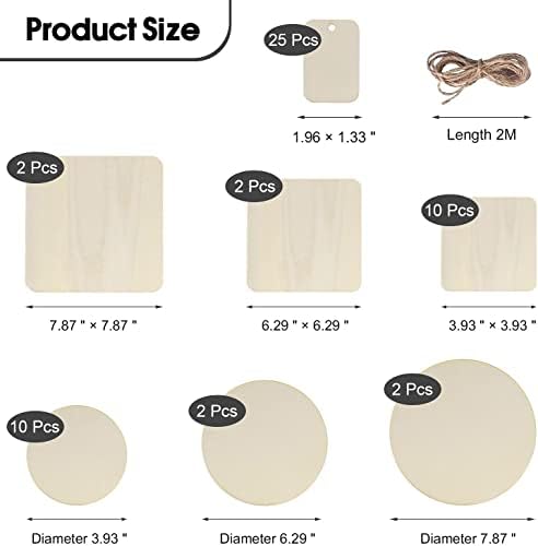53pcs Unfinished Square Wood Pieces Round Circles 7 Sizes Blank Wood Slices, Natural Wooden Square for Woodcraft, Pyrography and Coasters DIY Crafts and Home Decor Painting
