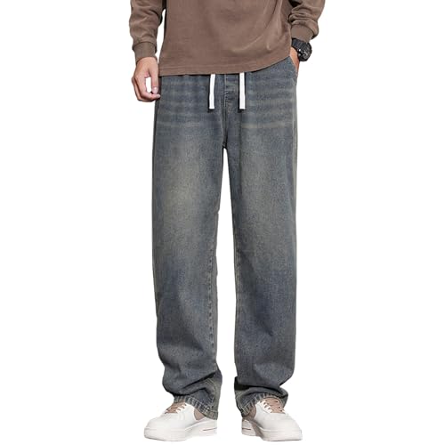 Men's Elastic Waist Loose Fit Denim Pants Y2k Hip Hop Streetwear Baggy Jeans Casual Drawstring Denim Pants Trouser2