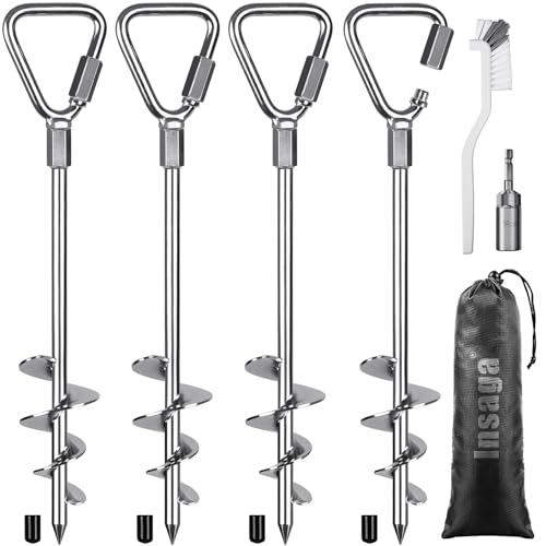Insaga Ground Anchor, 4pcs Heavy Duty Tent Peg Trampoline Earth Stake Strong Storm Spiral Screw Spike for Garden Swing/Camping/Canopy/Shed/Dog/Carport with Carabiner Lockset, Inverted Triangle/44cm