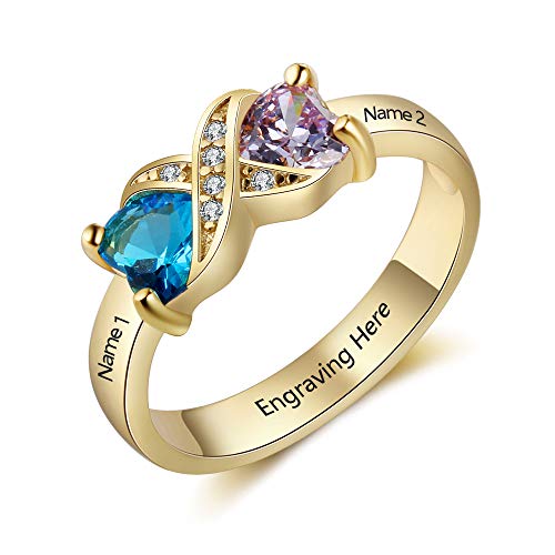 Gemszoo Personalized Name Rings Infinity Promise Rings with 2 Heart Simulated Birthstones Engraving Engagement Customized Rings for Women (Gold)