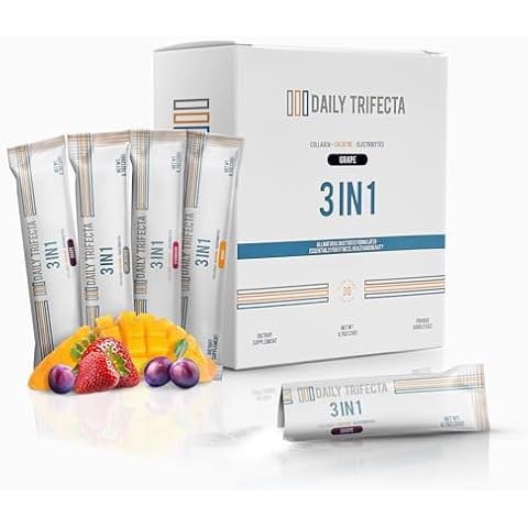 DAILY TRIFECTA 3 in 1 Collagen Type I, Creatine Monohydrate and Electrolyte Packets | All Natural with Zero Sugar | Formulated in 30 Stick Packs | Essential for Fitness, Health & Beauty (Grape) Cover
