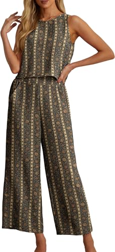 IWOLLENCE Women's Summer 2 Piece Outfits Set Round neck Sleeveless Tank Crop Top Wide Leg pants Set Pockets Jumpsuits Navy Stripe Flower 2XL