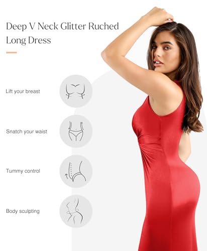 Image of Popilush Shapewear Dress Ruched Bodycon - Deep V Neck Maxi Formal Dresses Built in Shapewear Sleeveless Long Dress