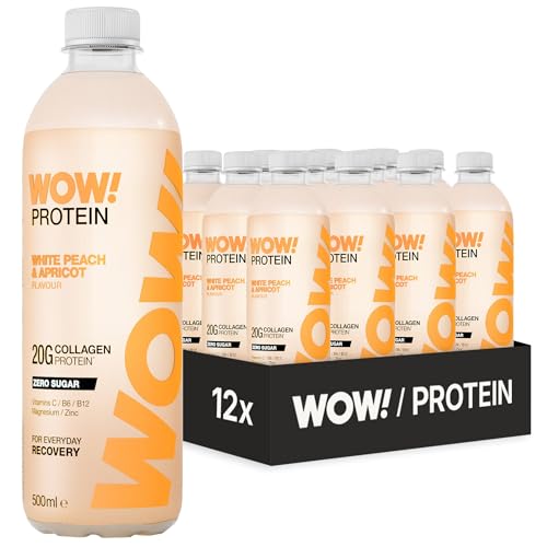 WOW! Protein - White Peach & Apricot - 20g Collagen Protein Drink - For Structural Body Support - 12 x 500ml Ready-to-Drink Bottles - Sugar Free Fat Free Halal Vitamin Water