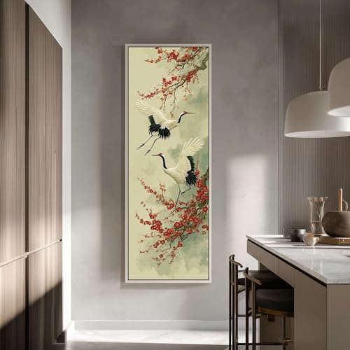 Peinture japonaise à l'encre avec oiseau et fleurs rouges sur toile fine de 55x110 - 4