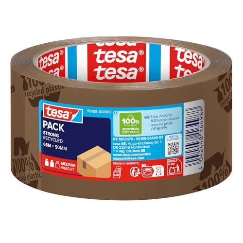 tesapack Eco & Strong - Environmentally Friendly Packing Tape Made of 100% Recycled Plastic, UV-Resistant and Age-Resistant - Brown Printed - 66 m x 50 mm