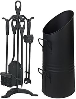 Simpa® 20" Large Black Coal Scuttle Hod Bucket Fireside Fuel Heavy Duty Metal Hod Fire Side with 5 Piece Cast Iron Companion Set