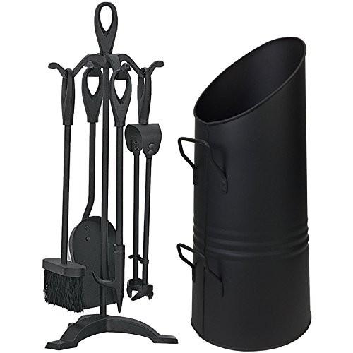 Simpa® 20 Large Black Coal Scuttle Hod Bucket Fireside Fuel Heavy Duty Metal Hod Fire Side with 5 Piece Cast Iron Companion Set